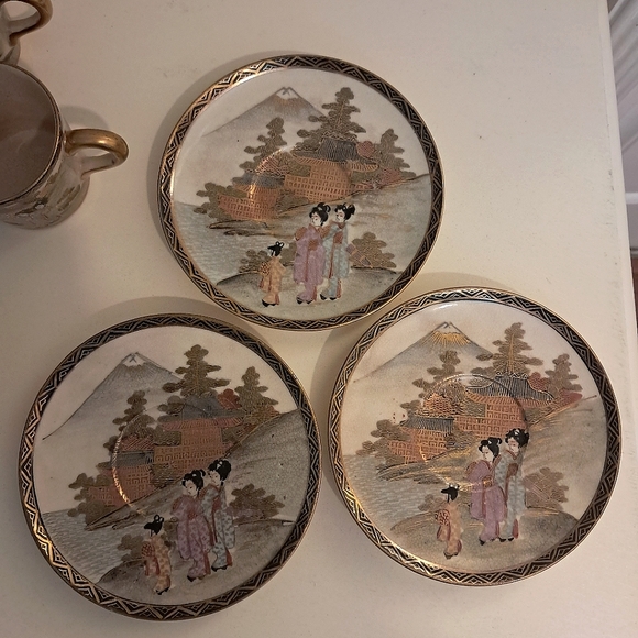 Antique Marked Japanese Meiji Satsuma Cup & Saucer Sets Geisha Mountain 3 Each - Picture 12 of 14